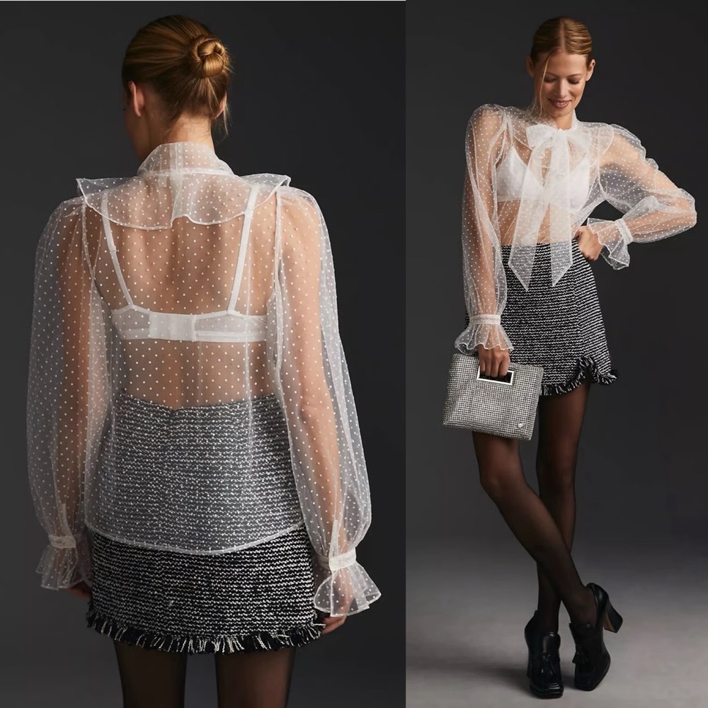 NWT Anthropologie Dolan Sheer Tie-Front Blouse in White Size Large - Picture 2 of 9